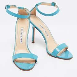 Pre Owned Manolo Blahnik Blue Patent Leather Ankle Strap Sandals Size 38