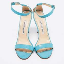 Pre Owned Manolo Blahnik Blue Patent Leather Ankle Strap Sandals Size 38