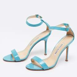 Pre Owned Manolo Blahnik Blue Patent Leather Ankle Strap Sandals Size 38