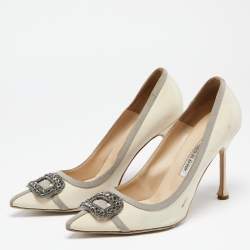 Pre Owned Manolo Blahnik Beige/Grey Satin Gotrian Pumps Size 41