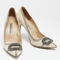 Pre Owned Manolo Blahnik Beige/Grey Satin Gotrian Pumps Size 41