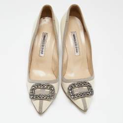 Pre Owned Manolo Blahnik Beige/Grey Satin Gotrian Pumps Size 41