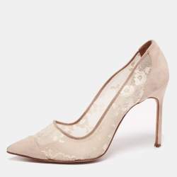 Manolo Blahnik Beige Suede and Lace Pointed-Toe Pumps Size 40