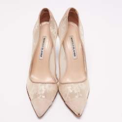 Manolo Blahnik Beige Suede and Lace Pointed-Toe Pumps Size 40