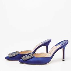 Pre Owned Manolo Blahnik Blue Satin Hangisi Pointed-Toe Mules Size 38.5