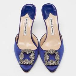 Pre Owned Manolo Blahnik Blue Satin Hangisi Pointed-Toe Mules Size 38.5