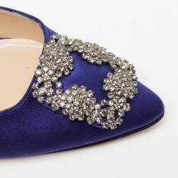 Pre Owned Manolo Blahnik Blue Satin Hangisi Pointed-Toe Mules Size 38.5