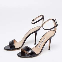 Pre Owned صندل مانولو بلانيك سبيزيا جلد أسود سير كاحل مقاس 35.5