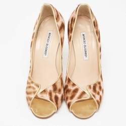 مملوكة مسبقًا Manolo Blahnik Brown/White Calf Hair And Leather Peep Pumps Size 37.5
