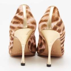 مملوكة مسبقًا Manolo Blahnik Brown/White Calf Hair And Leather Peep Pumps Size 37.5