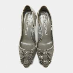 مملوكة مسبقًا حذاء كعب عالي مانولو بلانيك هانغيسي دانتيل رصاصي مقاس 35