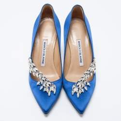 Pre Owned حذاء كعب عالي مانولو بلانيك نديرا ساتان أزرق ملكي بمقدمة مدببة مقاس 35.5