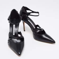 Pre Owned Manolo Blahnik Black Leather Pointed Toe Ankle Strap Sandals Size 40.5