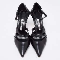 Pre Owned Manolo Blahnik Black Leather Pointed Toe Ankle Strap Sandals Size 40.5