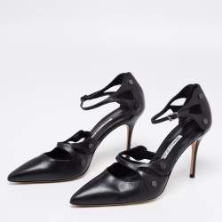 Pre Owned Manolo Blahnik Black Leather Pointed Toe Ankle Strap Sandals Size 40.5