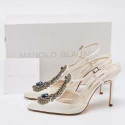 Manolo Blahnik White Satin Crystal Embellished Jamala Ankle Strap Sandals Size 39