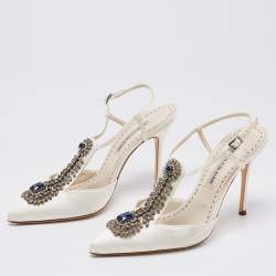 Manolo Blahnik White Satin Crystal Embellished Jamala Ankle Strap Sandals Size 39
