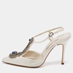 Manolo Blahnik White Satin Crystal Embellished Jamala Ankle Strap Sandals Size 39
