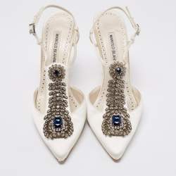 Manolo Blahnik White Satin Crystal Embellished Jamala Ankle Strap Sandals Size 39