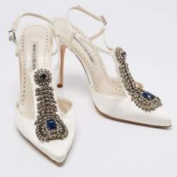 Manolo Blahnik White Satin Crystal Embellished Jamala Ankle Strap Sandals Size 39