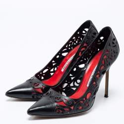 Pre Owned Manolo Blahnik Black Laser-Cut Leather BB Roc Pumps Size 40