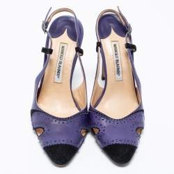 Manolo Blahnik Blue/Black  Leather And Suede Barrie Spectator Slingback Sandals Size 40