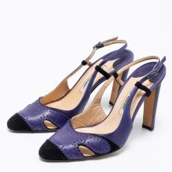 Manolo Blahnik Blue/Black  Leather And Suede Barrie Spectator Slingback Sandals Size 40