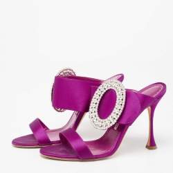 Manolo Blahnik Pink Satin Fibiona Crystal Embellished Mules Size 39.5