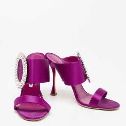 Manolo Blahnik Pink Satin Fibiona Crystal Embellished Mules Size 39.5