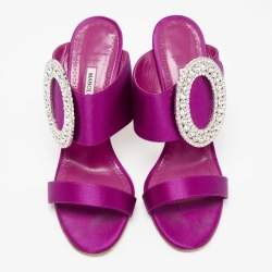 Manolo Blahnik Pink Satin Fibiona Crystal Embellished Mules Size 39.5