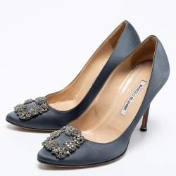 Pre Owned Manolo Blahnik Grey Satin Hangisi Pointed Toe Pumps Size 39