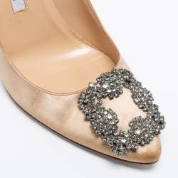 Pre Owned Manolo Blahnik Brown Satin Hangisi Embellished Pointed Toe Pumps Size 36.5