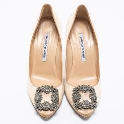 Pre Owned Manolo Blahnik Brown Satin Hangisi Embellished Pointed Toe Pumps Size 36.5
