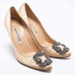 Pre Owned Manolo Blahnik Brown Satin Hangisi Embellished Pointed Toe Pumps Size 36.5