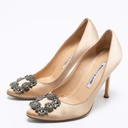 Pre Owned Manolo Blahnik Brown Satin Hangisi Embellished Pointed Toe Pumps Size 36.5