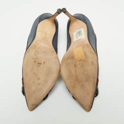 Pre Owned Manolo Blahnik  Grey/Burgundy Fabric and Canvas  Crystal Gotrian Pumps Size 37.5 