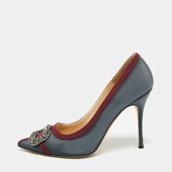 Pre Owned Manolo Blahnik  Grey/Burgundy Fabric and Canvas  Crystal Gotrian Pumps Size 37.5 