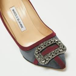Pre Owned Manolo Blahnik  Grey/Burgundy Fabric and Canvas  Crystal Gotrian Pumps Size 37.5 