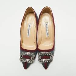 Pre Owned Manolo Blahnik  Grey/Burgundy Fabric and Canvas  Crystal Gotrian Pumps Size 37.5 