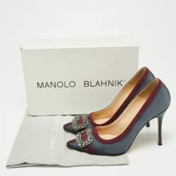 Pre Owned Manolo Blahnik  Grey/Burgundy Fabric and Canvas  Crystal Gotrian Pumps Size 37.5 