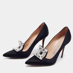 Pre Owned Manolo Blahnik Black Satin Borlak Crystal Embellished Pointed Toe Pumps Size 36.5