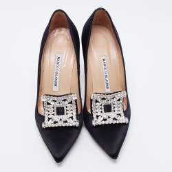 Pre Owned Manolo Blahnik Black Satin Borlak Crystal Embellished Pointed Toe Pumps Size 36.5