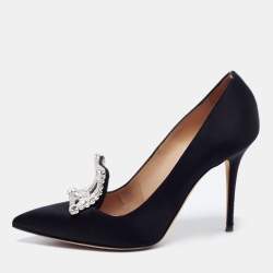 Pre Owned Manolo Blahnik Black Satin Borlak Crystal Embellished Pointed Toe Pumps Size 36.5