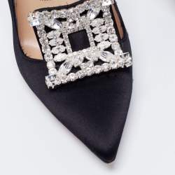 Pre Owned Manolo Blahnik Black Satin Borlak Crystal Embellished Pointed Toe Pumps Size 36.5