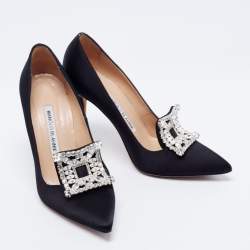 Pre Owned Manolo Blahnik Black Satin Borlak Crystal Embellished Pointed Toe Pumps Size 36.5
