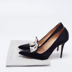 Pre Owned Manolo Blahnik Black Satin Borlak Crystal Embellished Pointed Toe Pumps Size 36.5