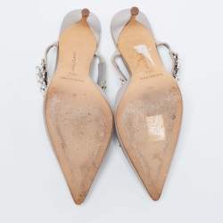Pre Owned Manolo Blahnik Grey Crystal Embellished Satin Lurum Mule Sandals Size 38.5