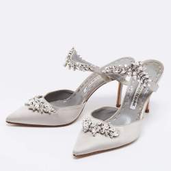 Pre Owned Manolo Blahnik Grey Crystal Embellished Satin Lurum Mule Sandals Size 38.5