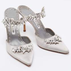 Pre Owned Manolo Blahnik Grey Crystal Embellished Satin Lurum Mule Sandals Size 38.5
