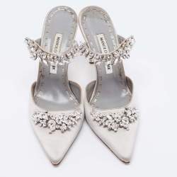 Pre Owned Manolo Blahnik Grey Crystal Embellished Satin Lurum Mule Sandals Size 38.5
